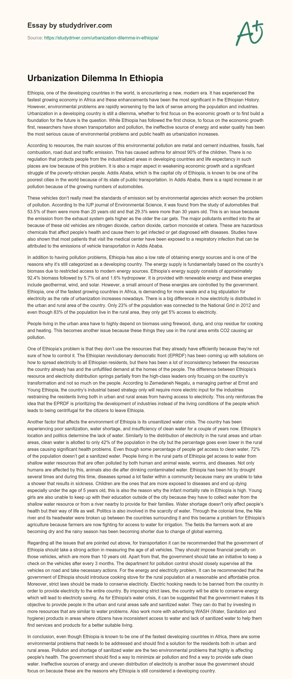 Urbanization Dilemma in Ethiopia  essay