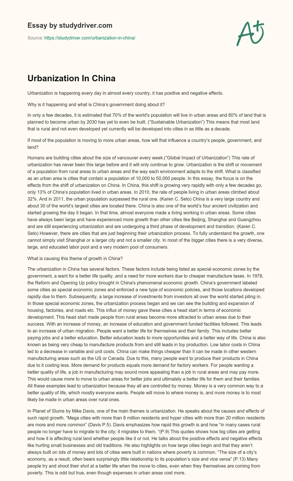 Urbanization in China essay