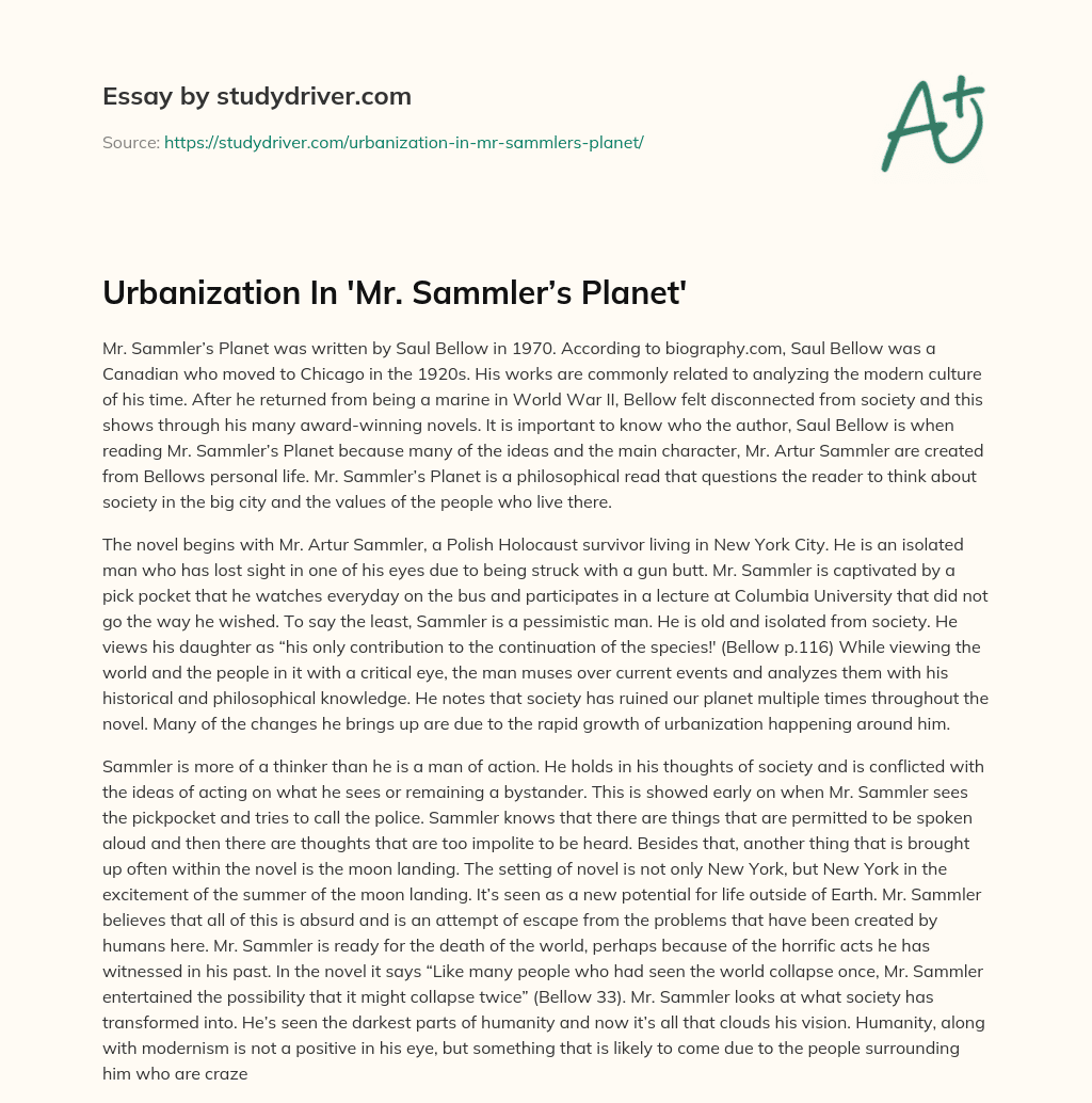 Urbanization in ‘Mr. Sammler’s Planet’ essay