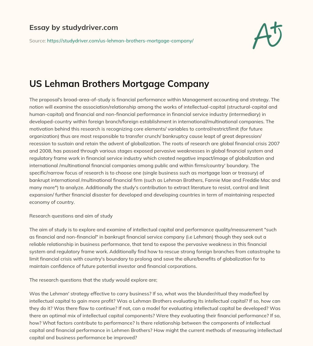 US Lehman Brothers Mortgage Company essay