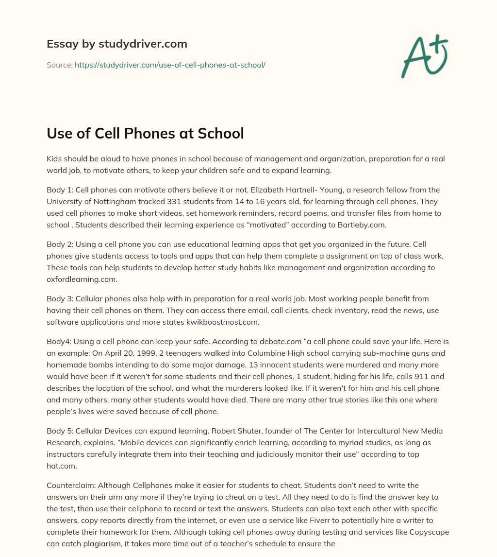 Use of Cell Phones at School essay