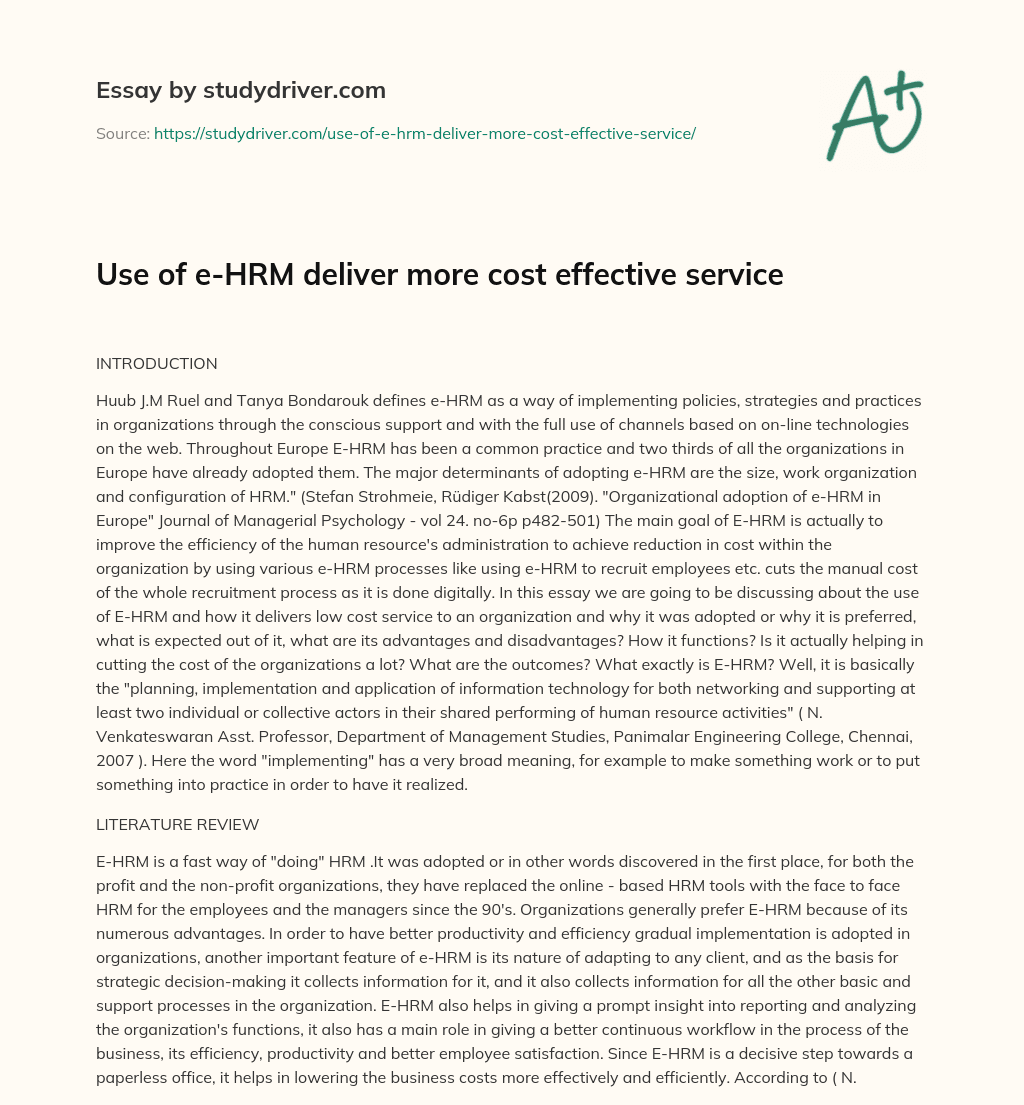Use of E-HRM Deliver more Cost Effective Service essay