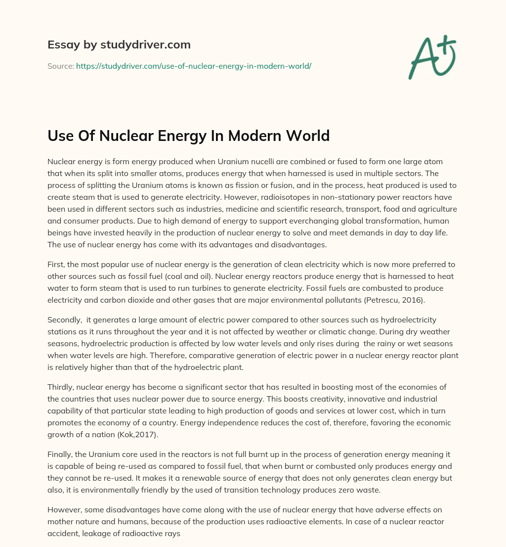 Use of Nuclear Energy in Modern World essay