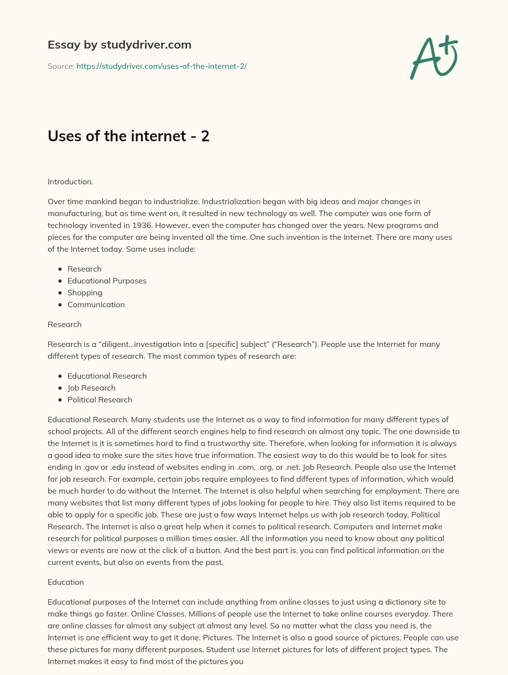 Uses of the Internet – 2 essay