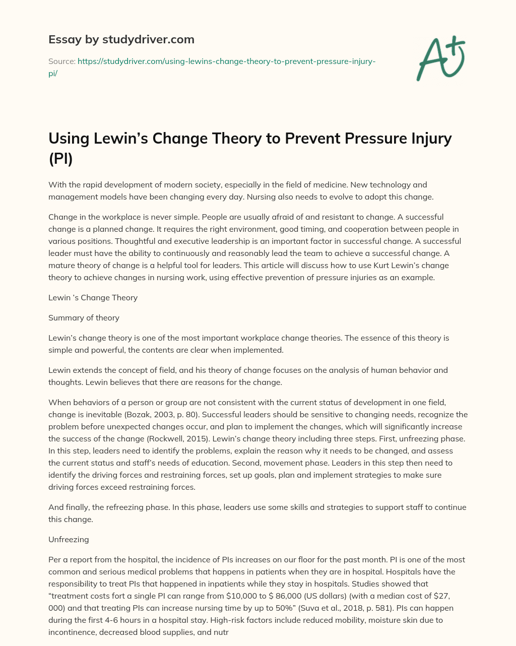 Using Lewin’s Change Theory to Prevent Pressure Injury (PI) essay