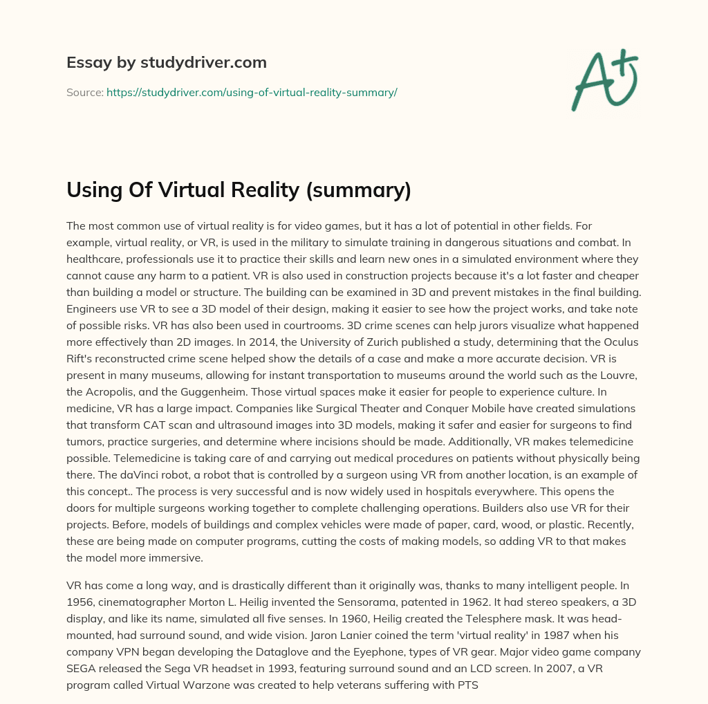 Using of Virtual Reality (summary) essay