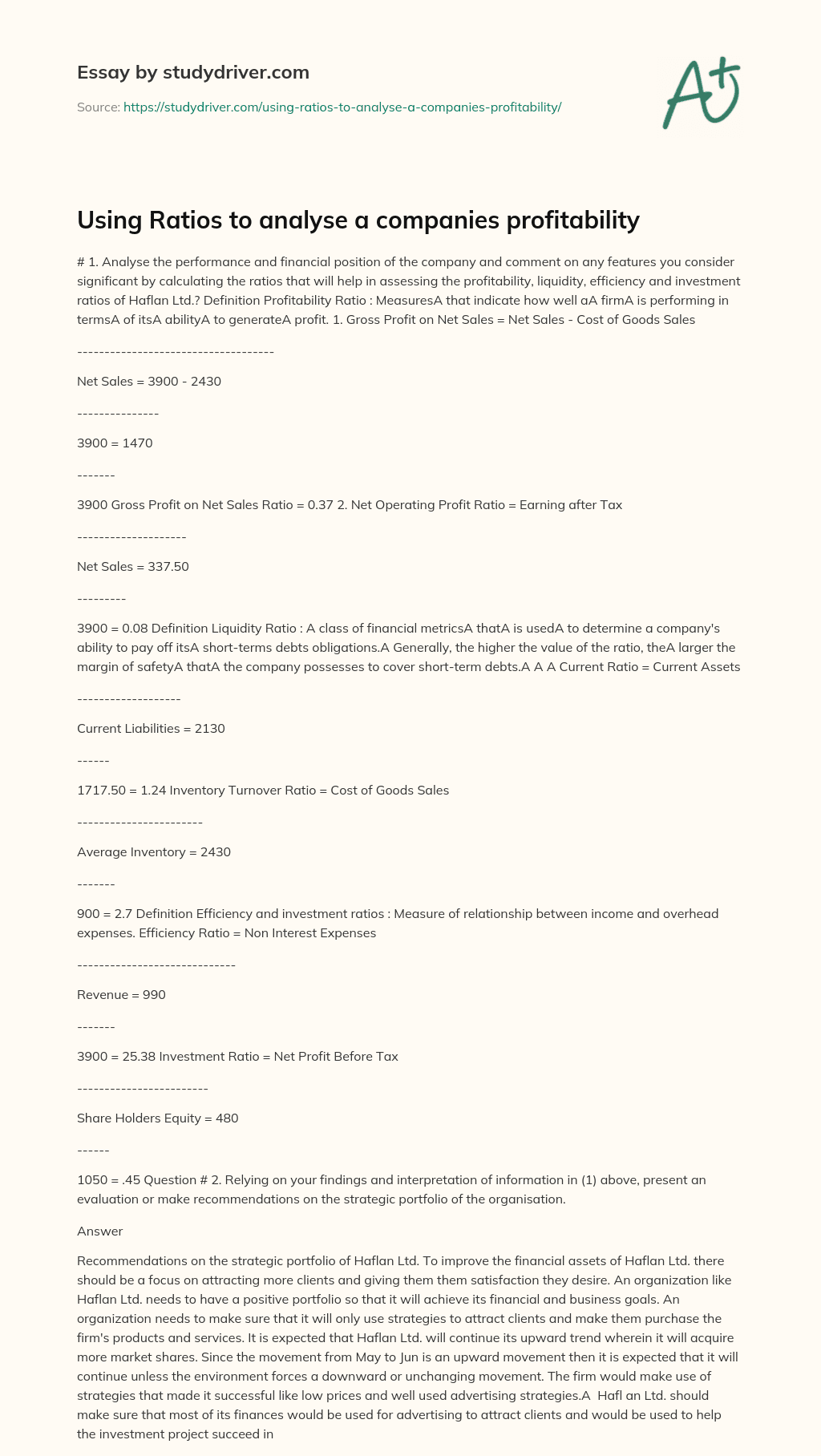 Using Ratios to Analyse a Companies Profitability essay