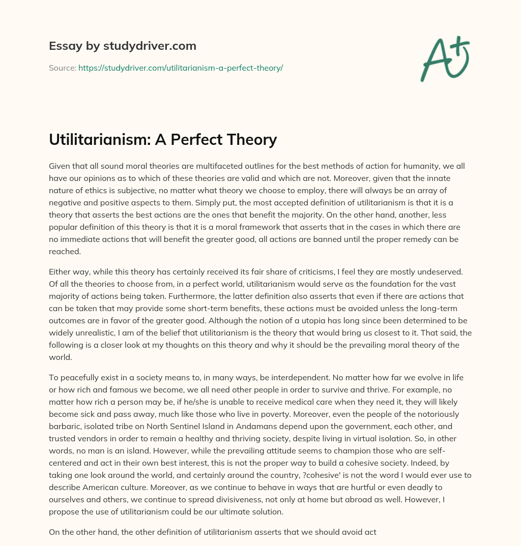 Utilitarianism: a Perfect Theory essay