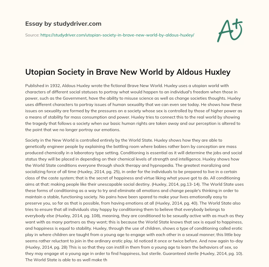 Utopian Society in Brave New World by Aldous Huxley essay