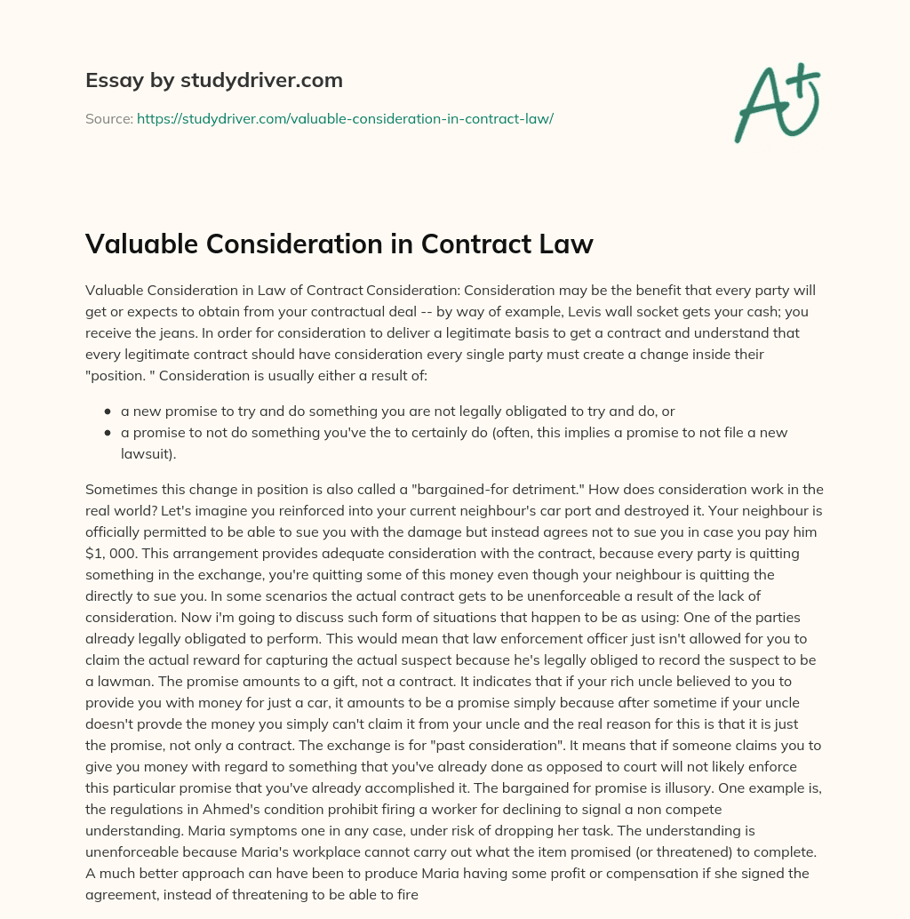 Valuable Consideration in Contract Law essay