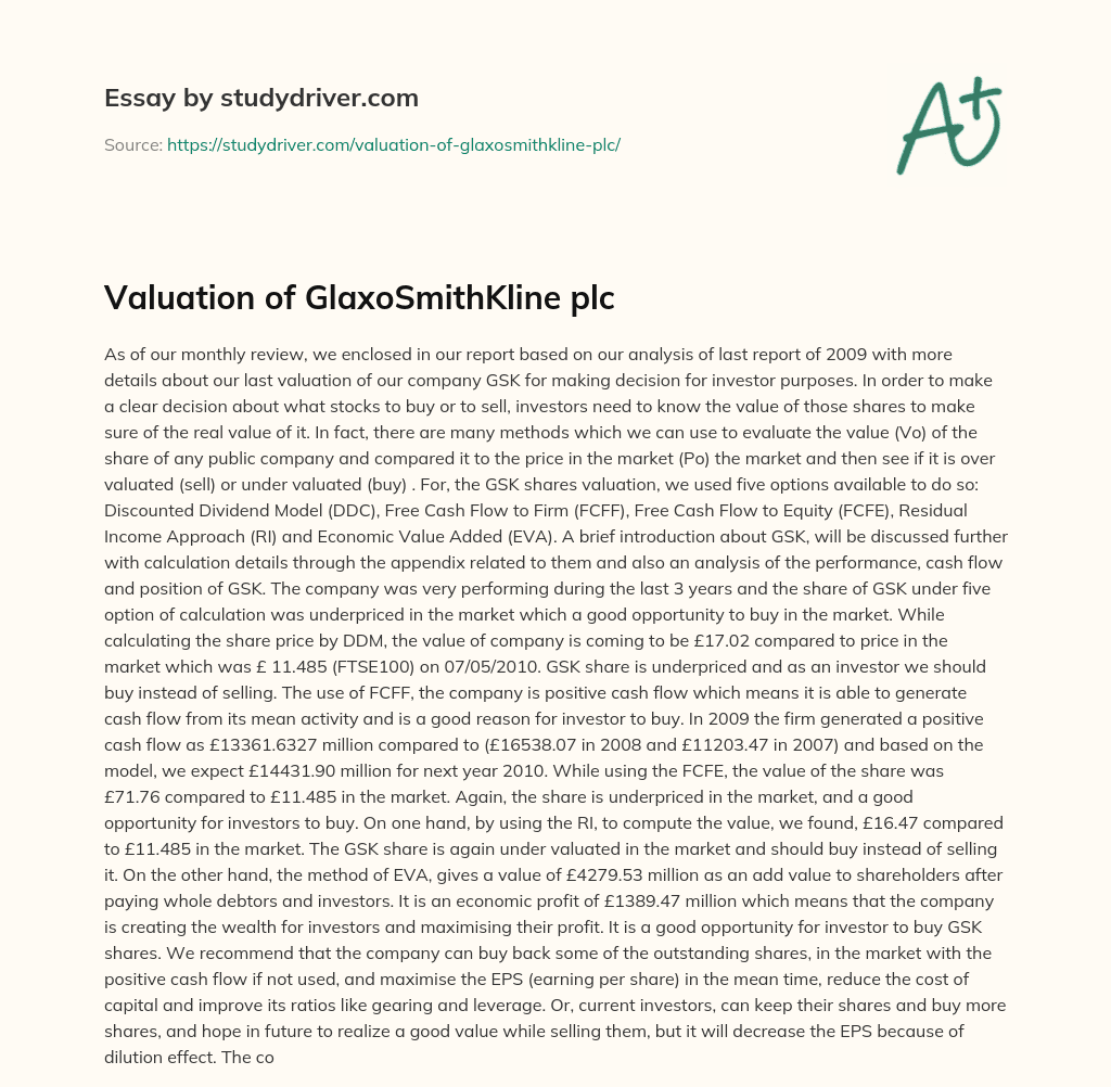 Valuation of GlaxoSmithKline Plc essay
