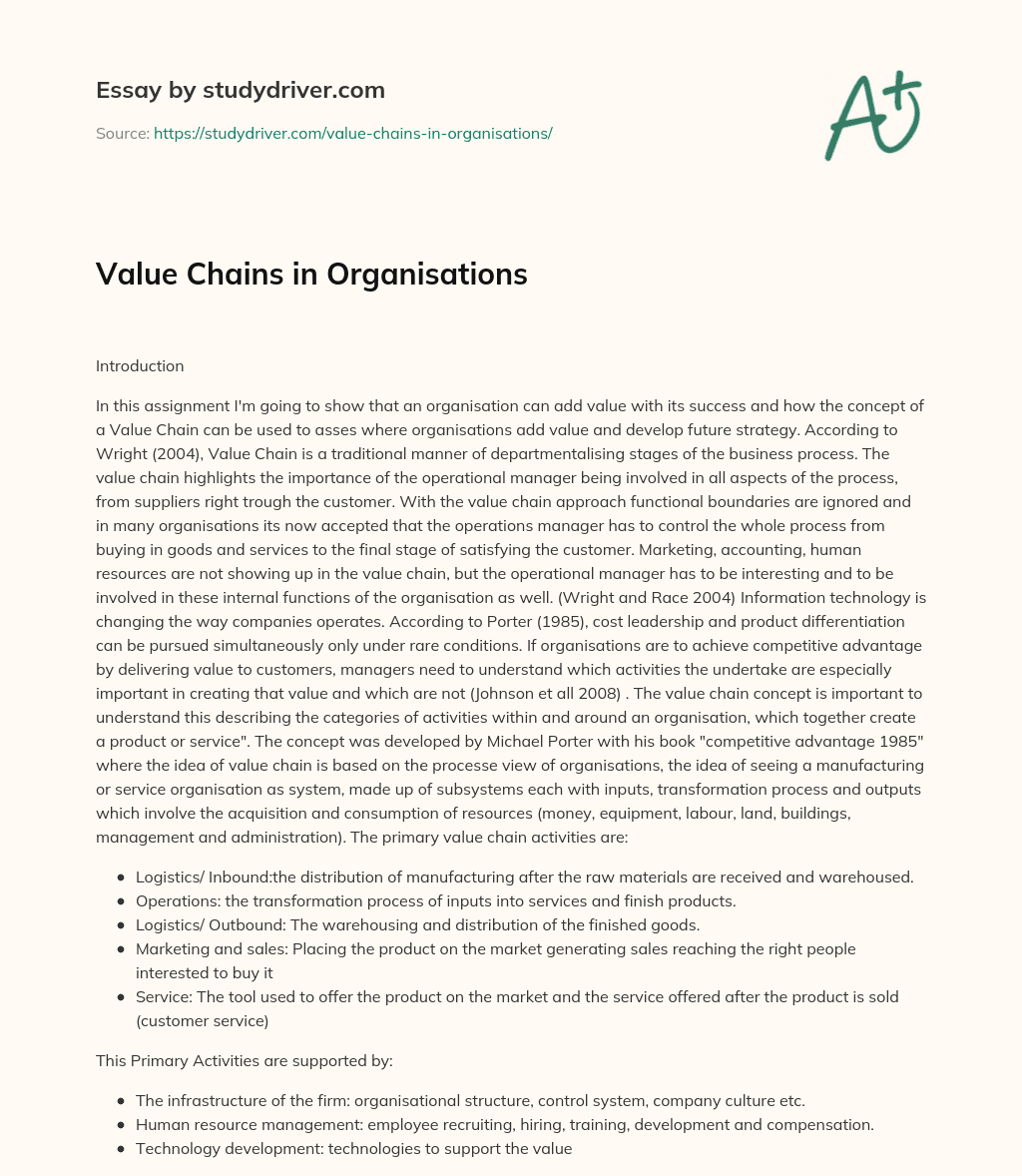 Value Chains in Organisations essay