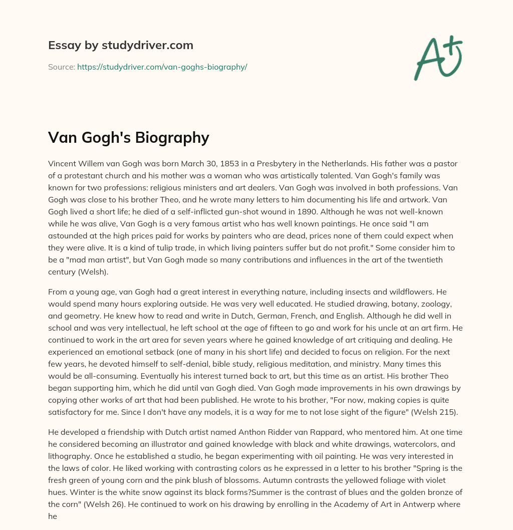 Van Gogh’s Biography essay
