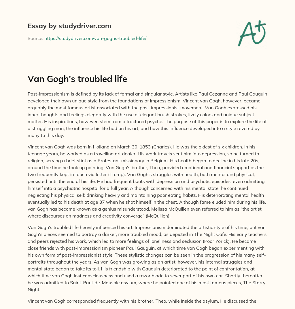 Van Gogh’s Troubled Life essay