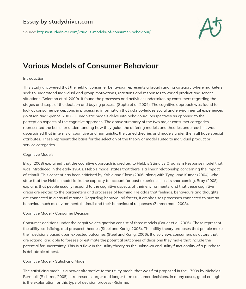 Various Models of Consumer Behaviour essay