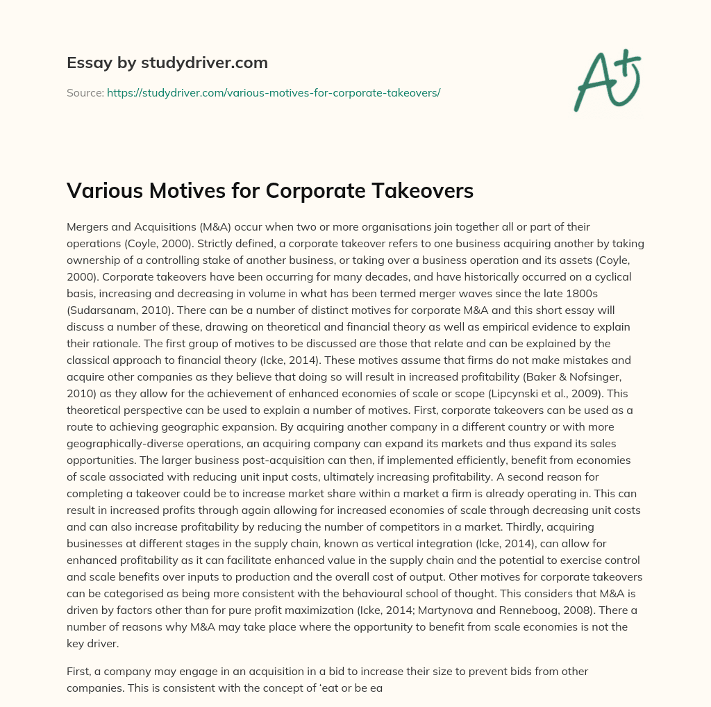 Various Motives for Corporate Takeovers essay