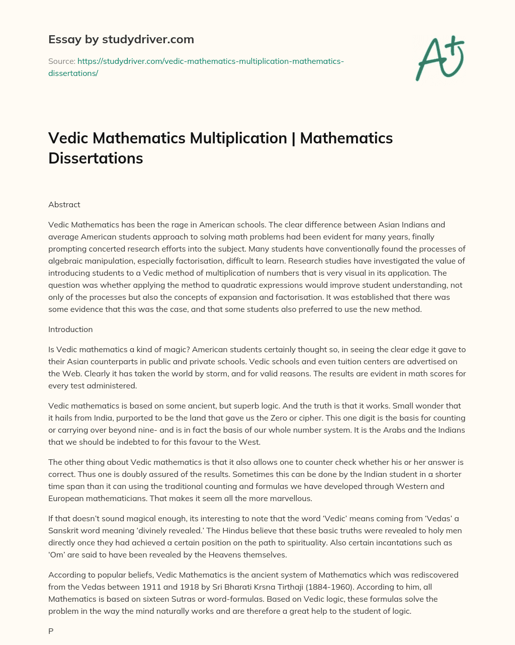 Vedic Mathematics Multiplication | Mathematics Dissertations essay