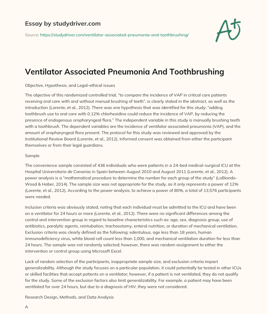 Ventilator Associated Pneumonia and Toothbrushing essay