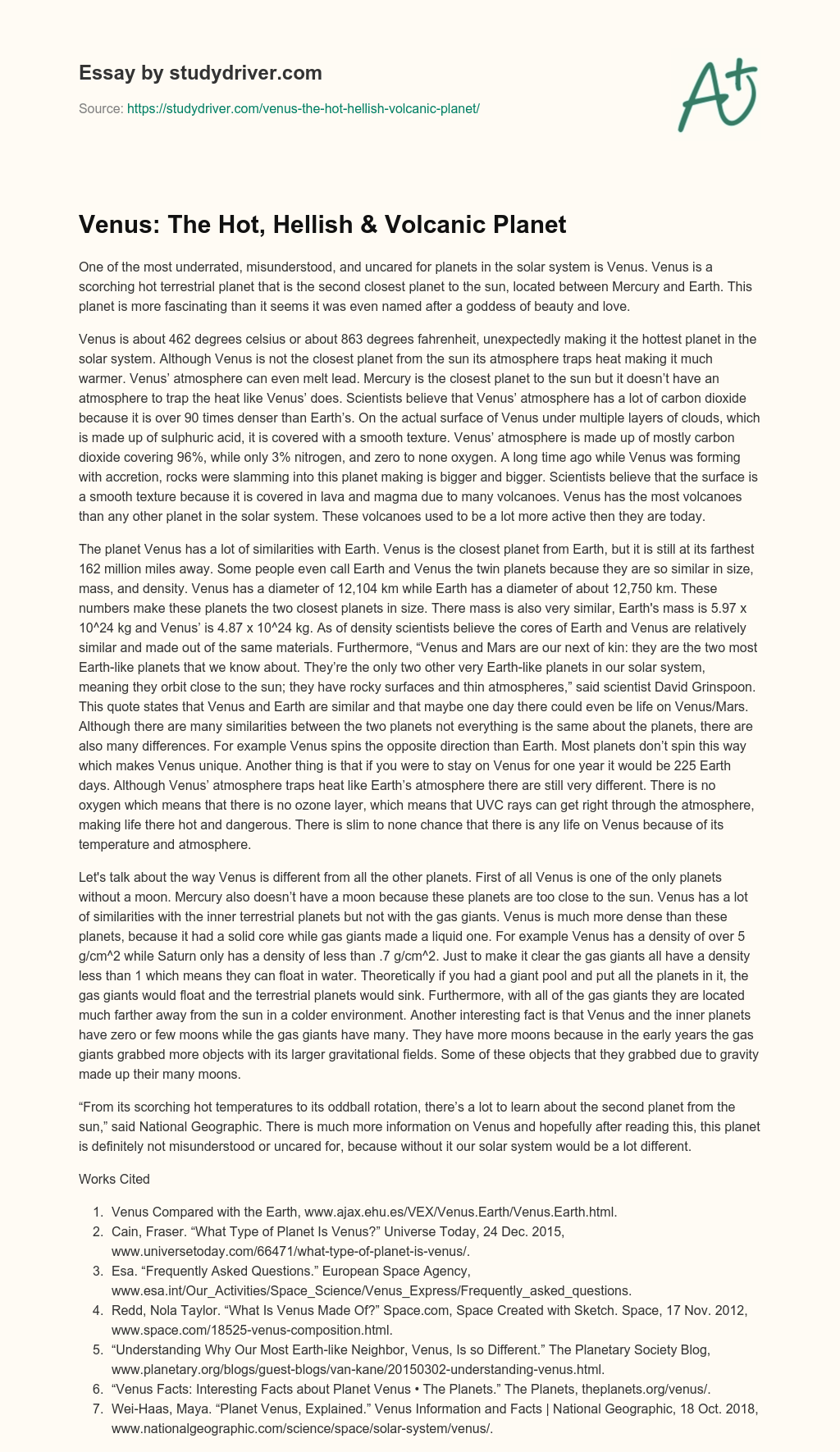 Venus: the Hot, Hellish & Volcanic Planet essay
