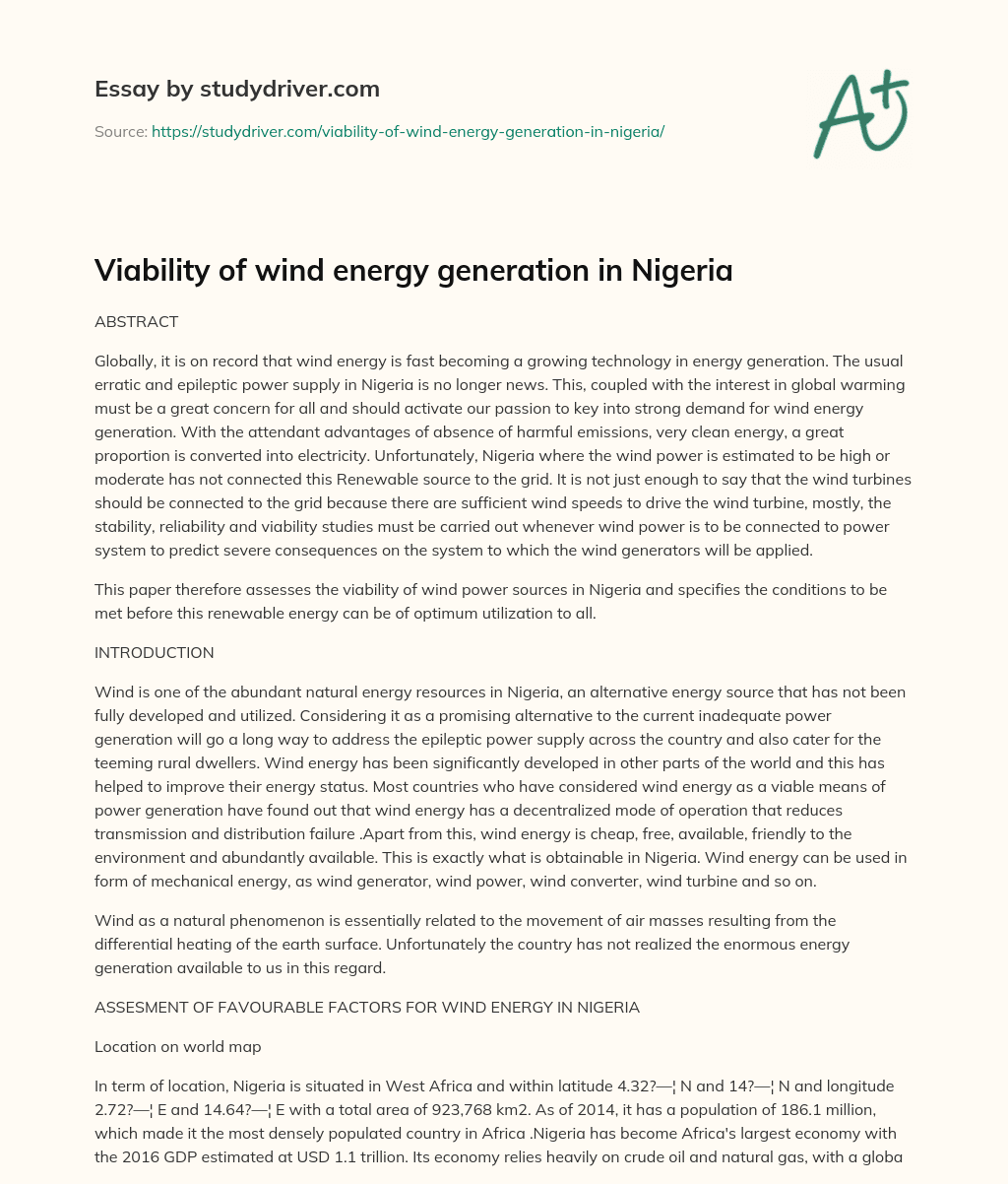 Viability of Wind Energy Generation in Nigeria essay