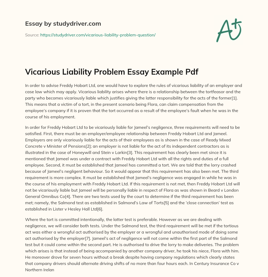 Vicarious Liability Problem Essay Example Pdf essay