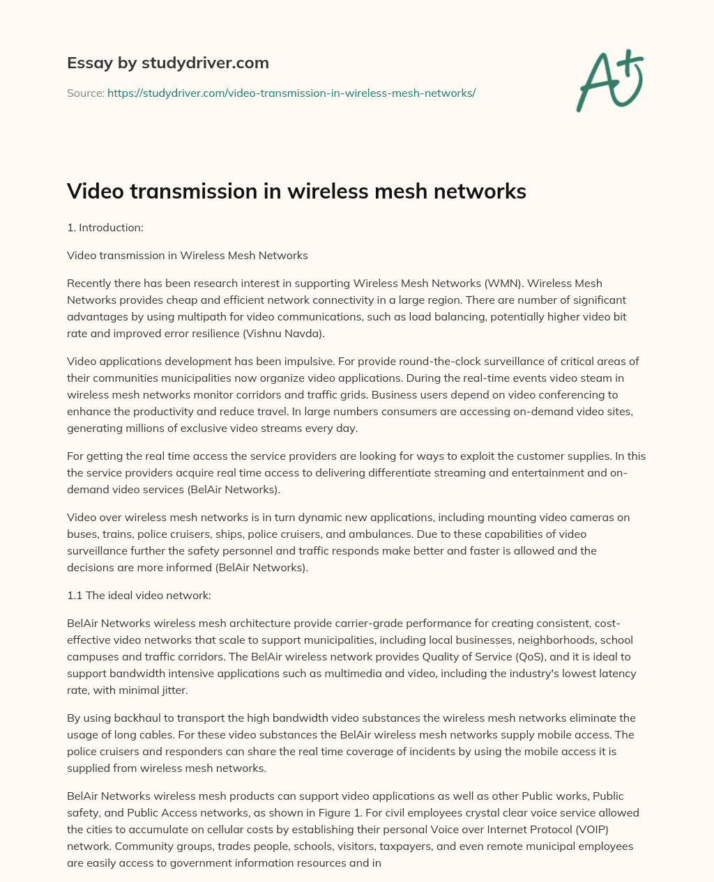 Video Transmission in Wireless Mesh Networks essay
