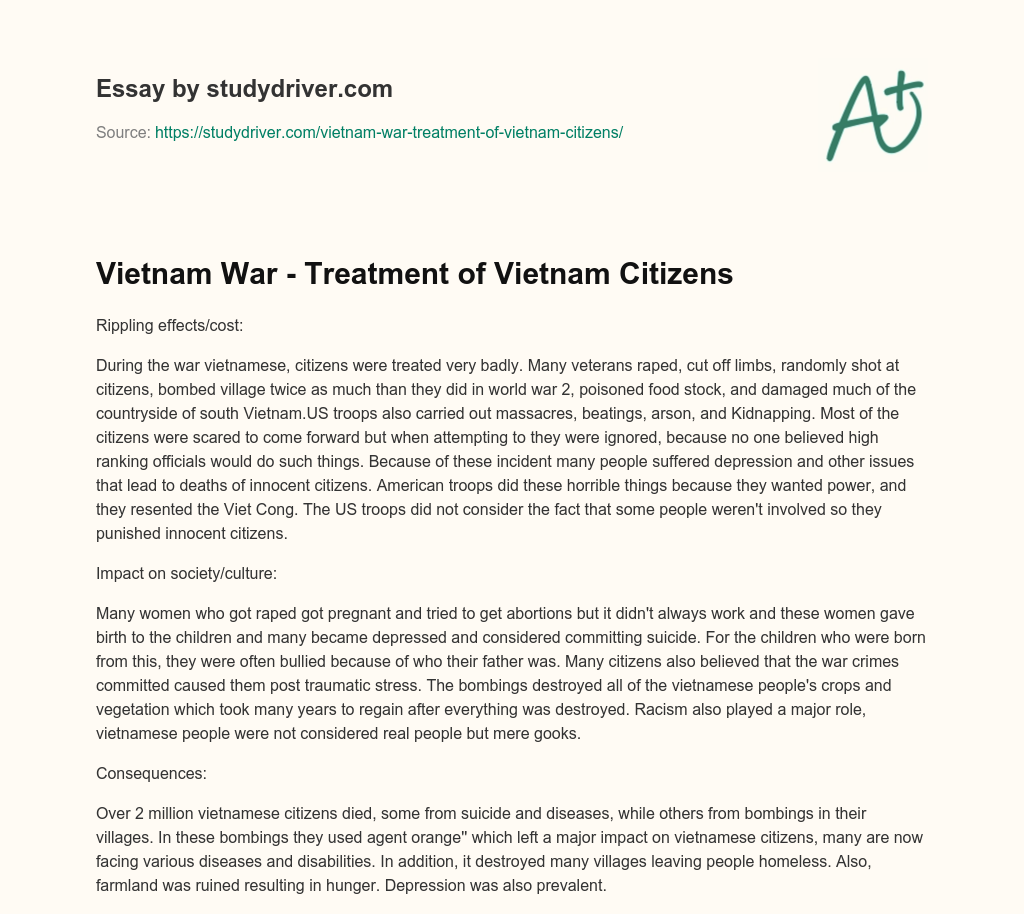 Vietnam War – Treatment of Vietnam Citizens essay