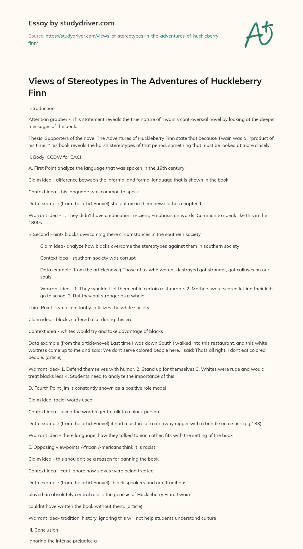 Views of Stereotypes in the Adventures of Huckleberry Finn essay