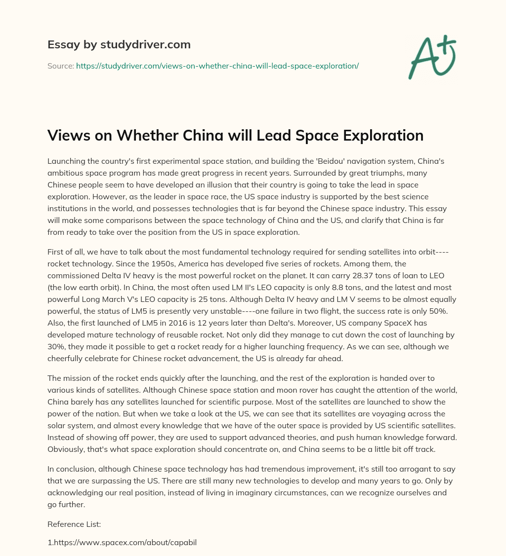 Views on Whether China Will Lead Space Exploration essay