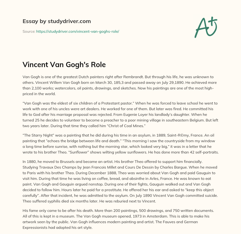 Vincent Van Gogh’s Role essay