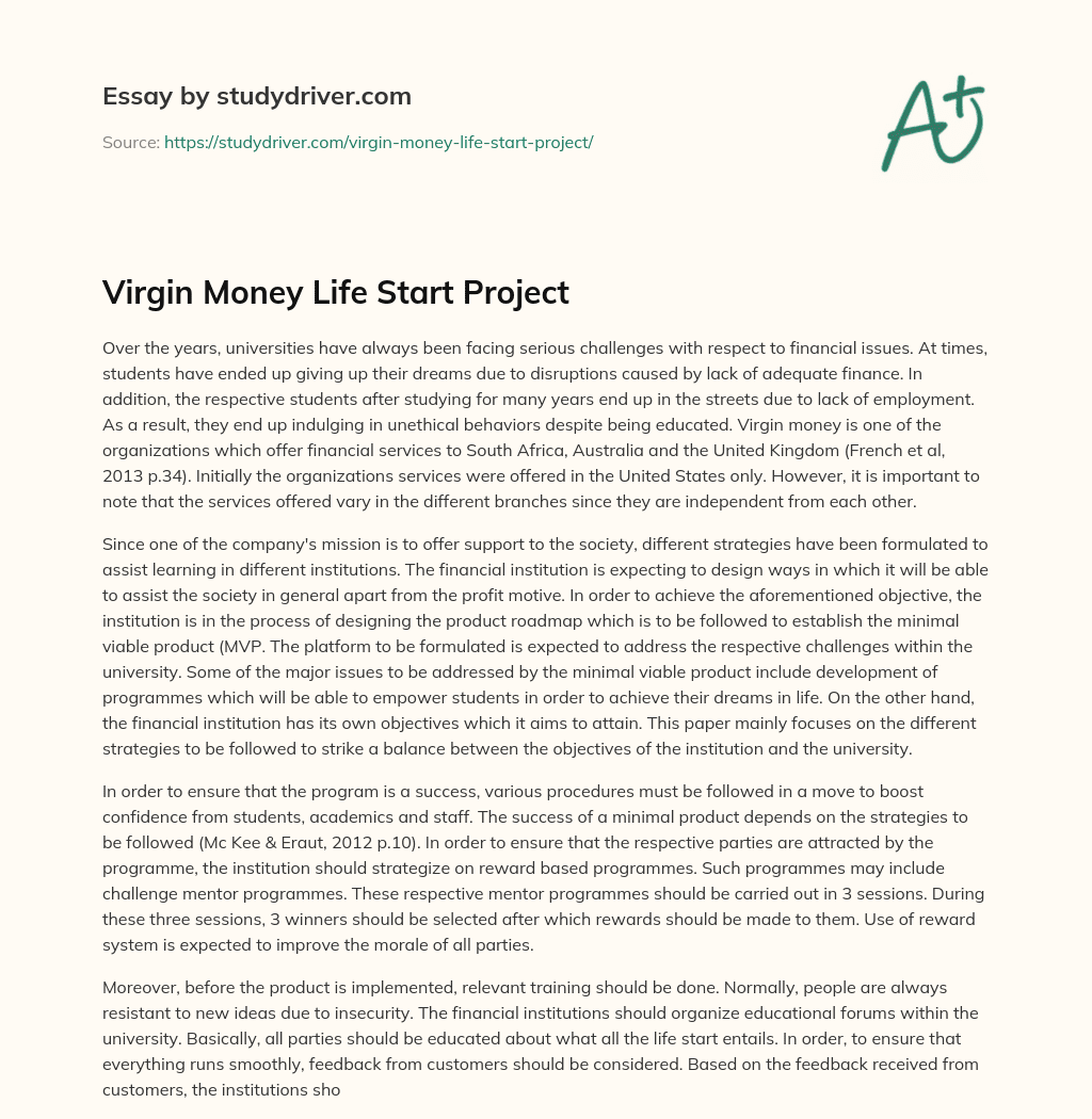 Virgin Money Life Start Project essay