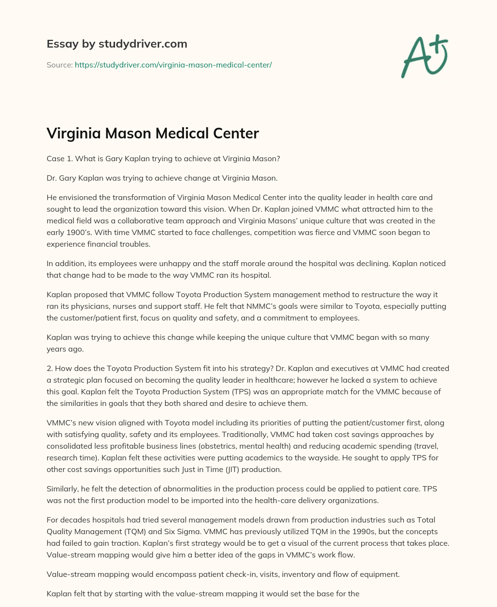 Virginia Mason Medical Center essay