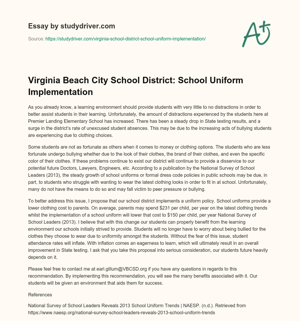 Virginia Beach City School District: School Uniform Implementation essay