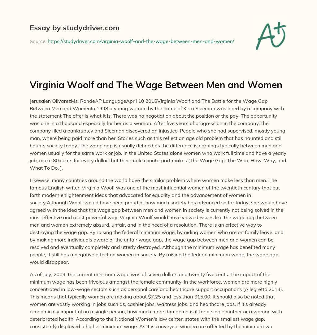 Virginia Woolf and the Wage between Men and Women essay