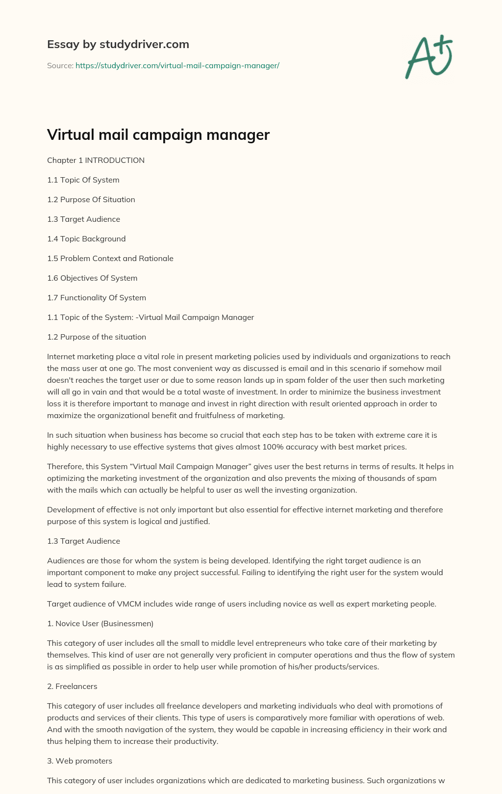 Virtual Mail Campaign Manager essay