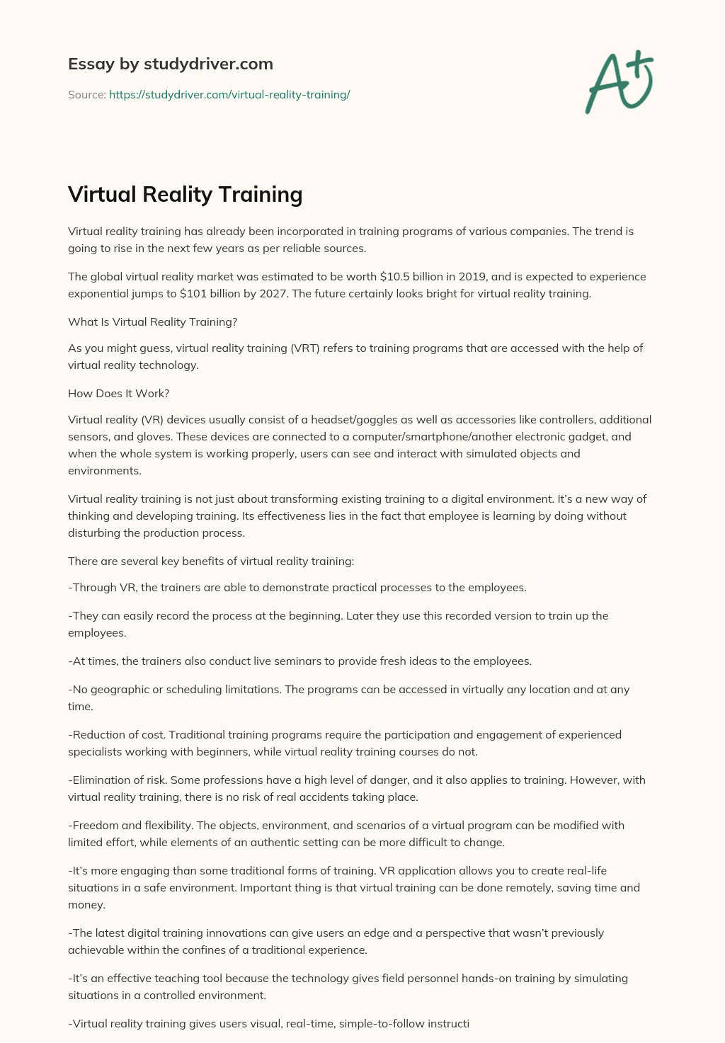 Virtual Reality Training essay