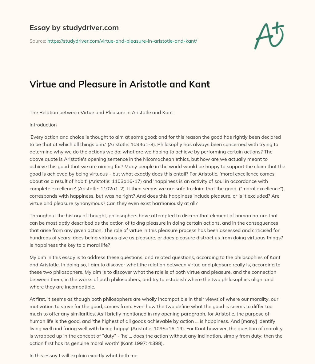 Virtue and Pleasure in Aristotle and Kant essay