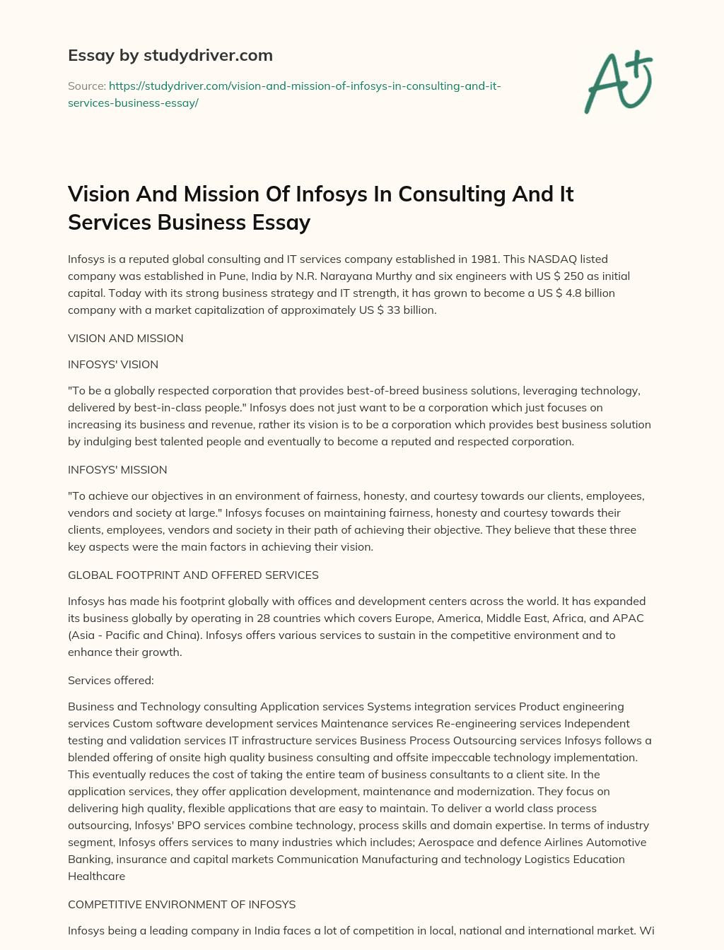 Vision and Mission of Infosys in Consulting and it Services Business Essay essay
