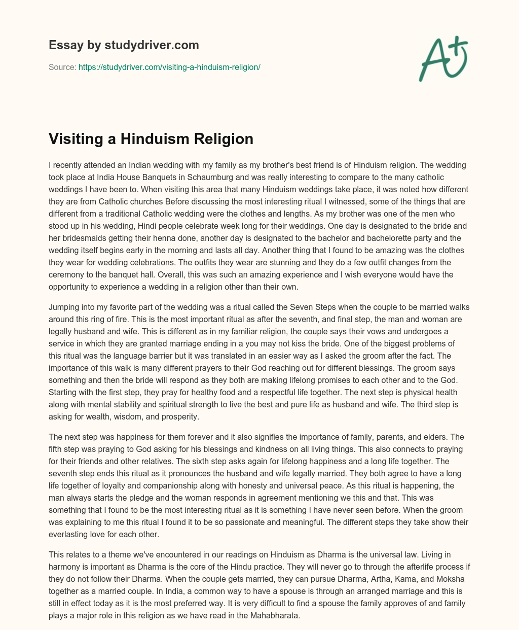 Visiting a Hinduism Religion essay