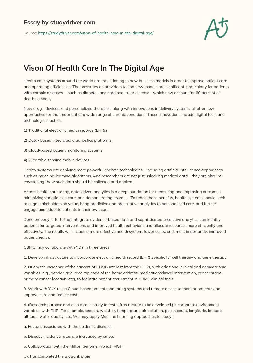 Vison of Health Care in the Digital Age essay