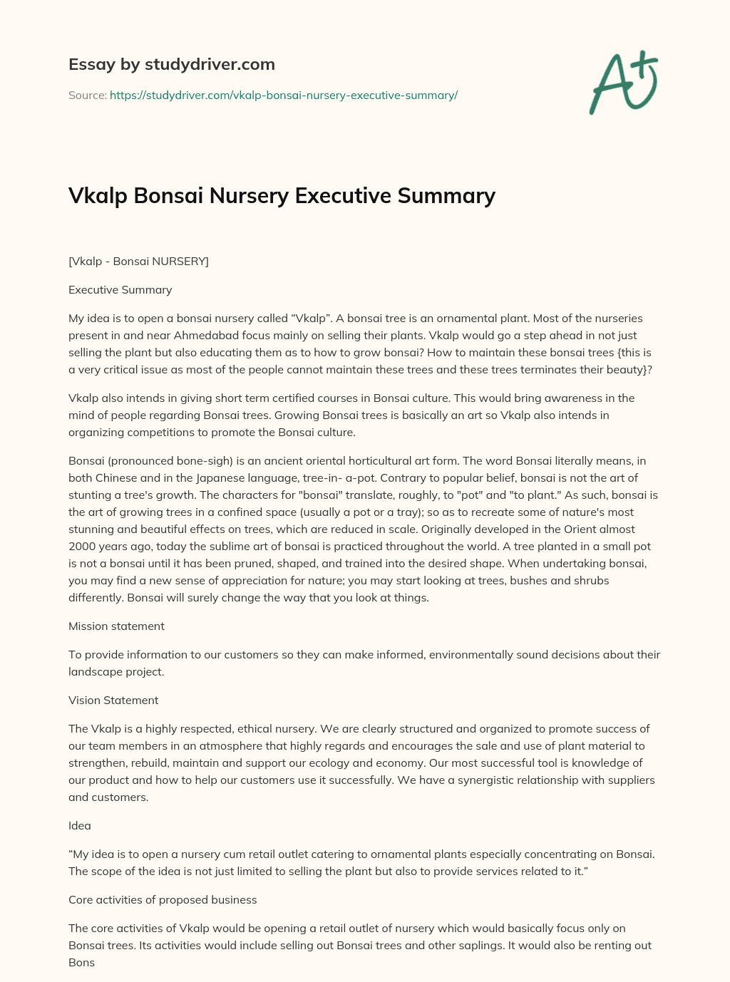 Vkalp Bonsai Nursery Executive Summary essay