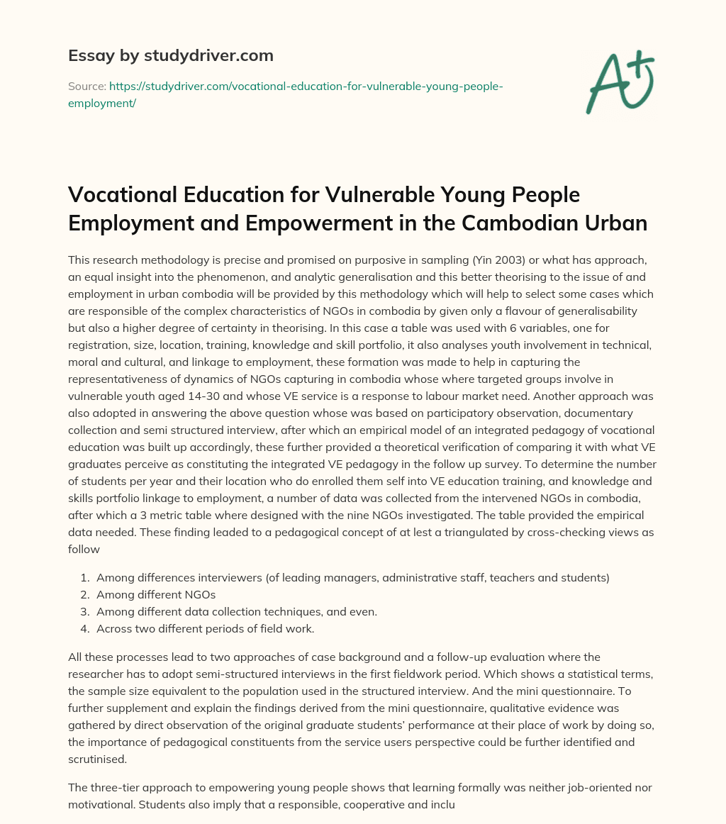 Vocational Education for Vulnerable Young People Employment and Empowerment in the Cambodian Urban essay