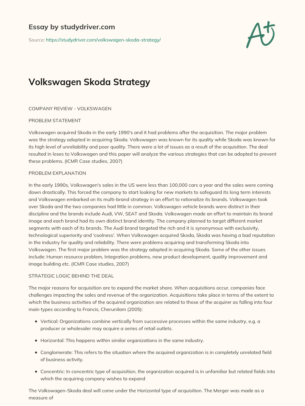 Volkswagen Skoda Strategy essay