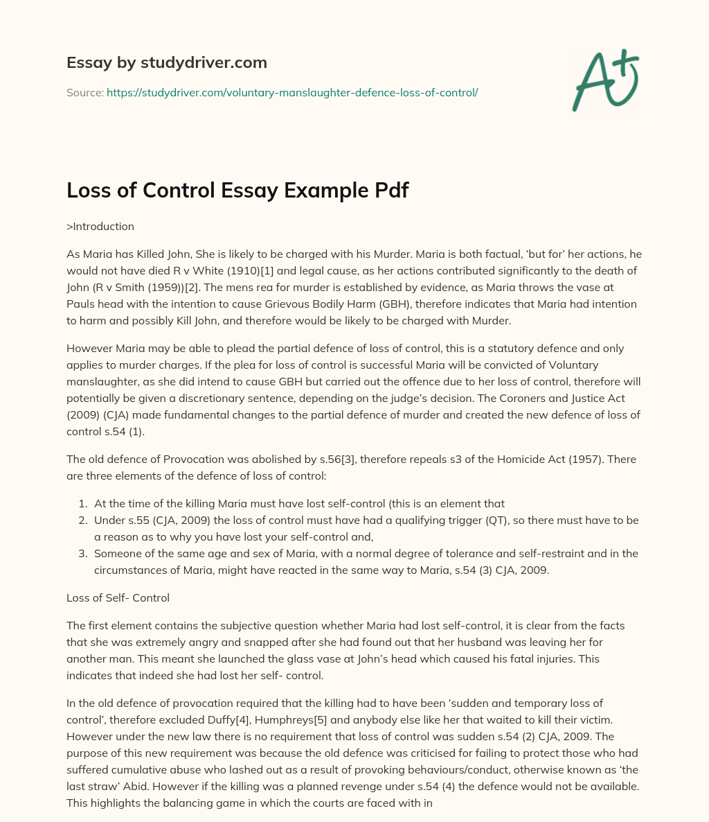 Loss of Control Essay Example Pdf essay