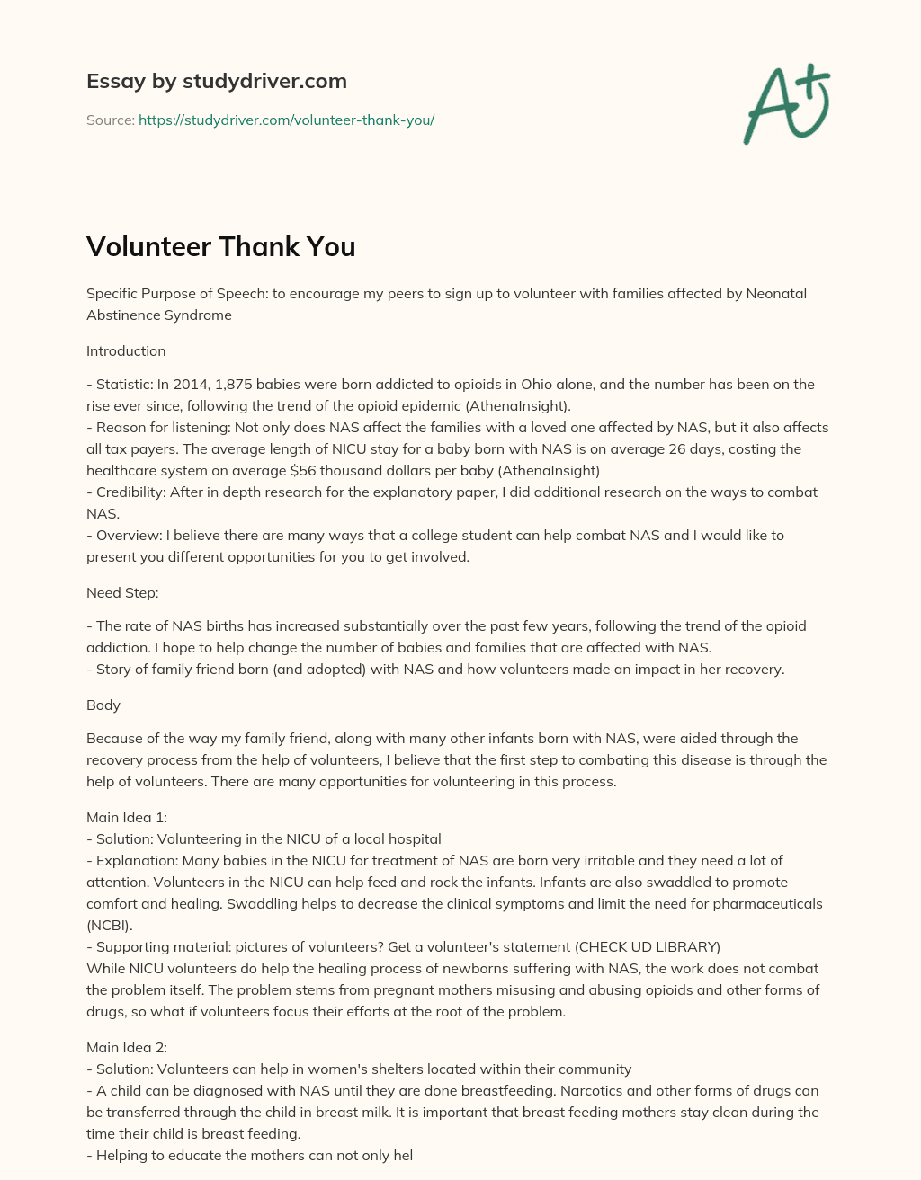 Volunteer Thank you essay