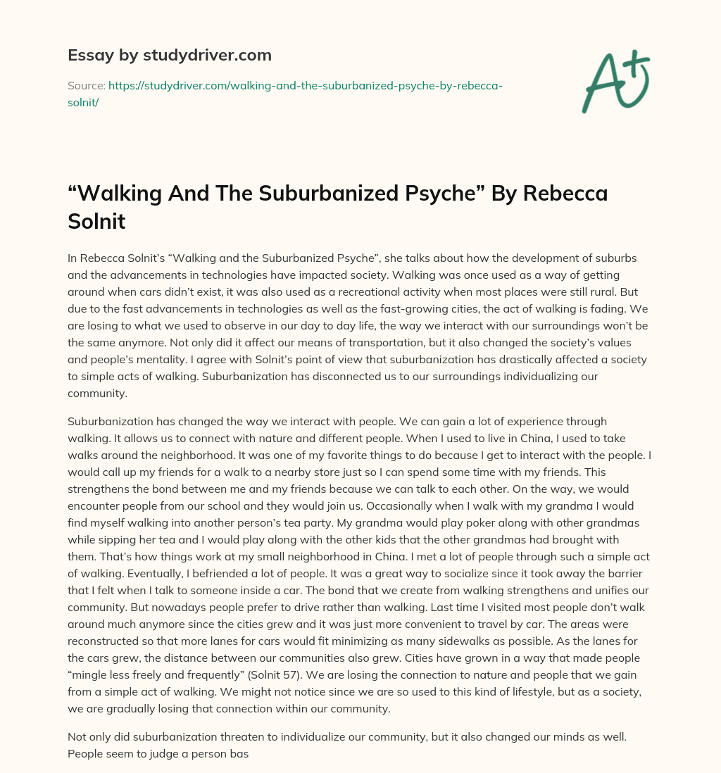 “Walking and the Suburbanized Psyche” by Rebecca Solnit essay