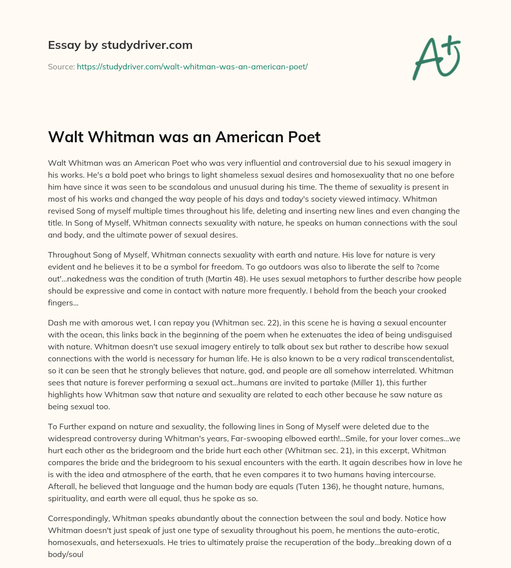 Walt Whitman was an American Poet essay