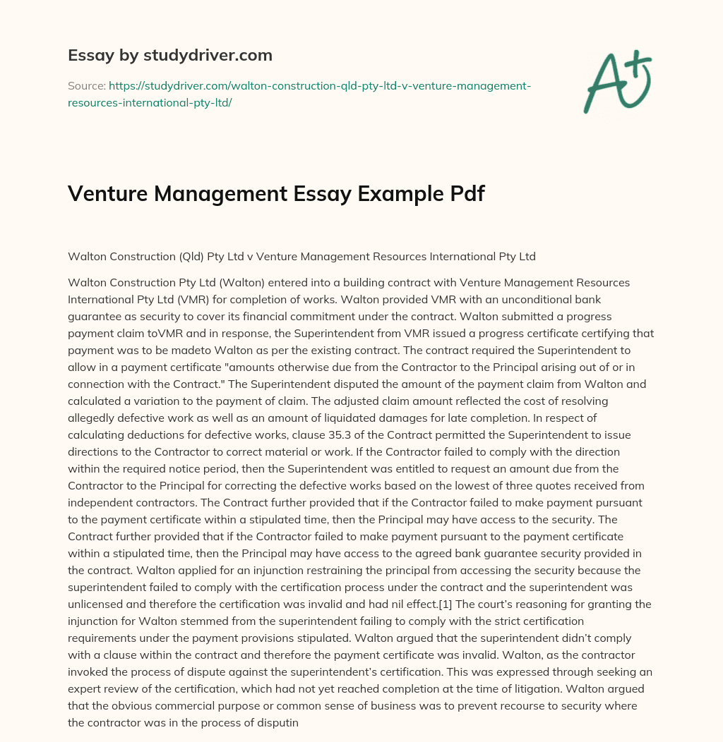Venture Management Essay Example Pdf essay