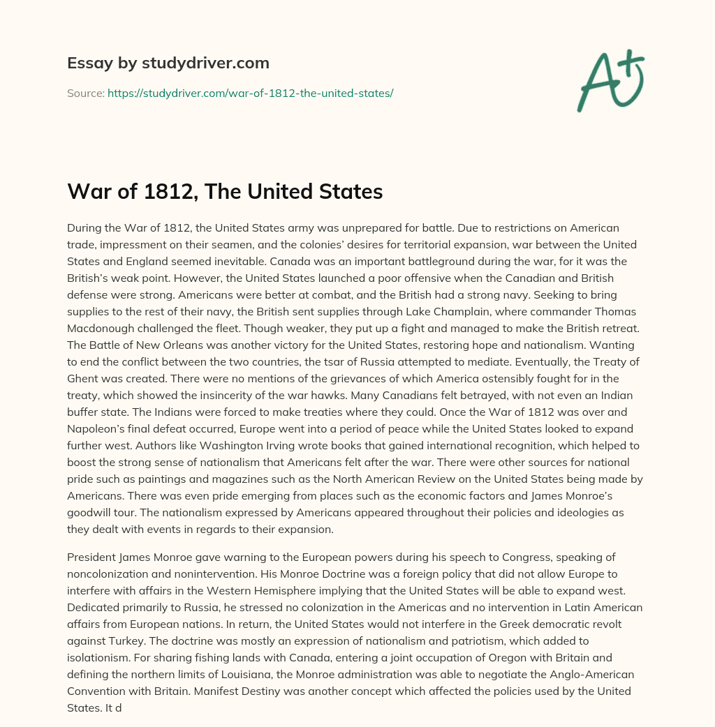 War of 1812, the United States essay