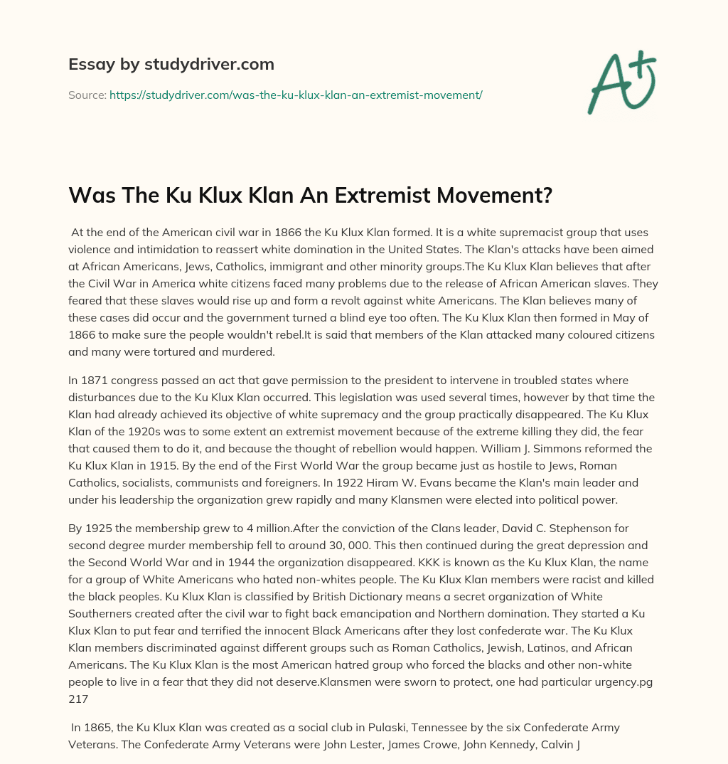 Was the Ku Klux Klan an Extremist Movement? essay
